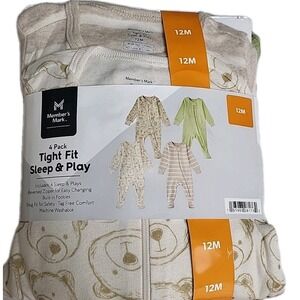 Member's Mark 12M Baby's 4-Pack Tight Fit Sleep & Play Full Zip Pajamas Tag Free